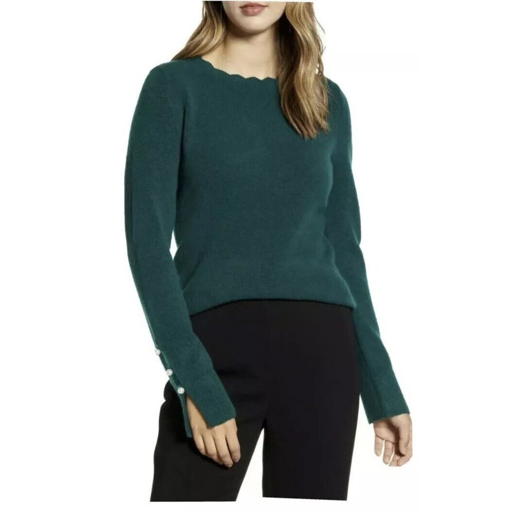 Rachel Parcell Scallop Crew Neck Green Pearl Sleeve Sweater Size XXS‎